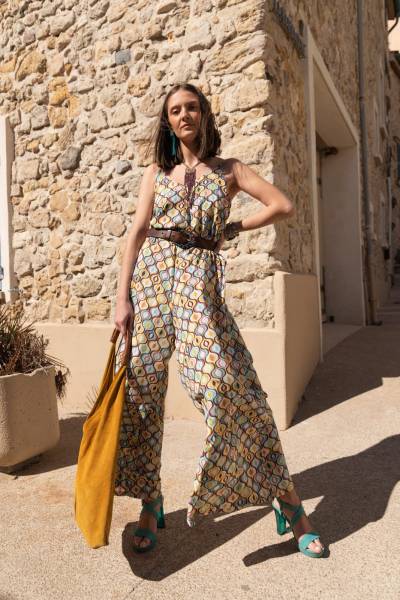 Grossiste de combi pantalon en soie polyester bohème chic à Paris Ile de France
