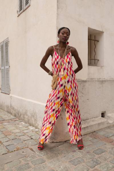 Grossiste de combi pantalon en soie polyester bohème chic à Paris Ile de France