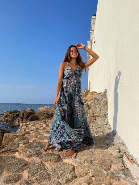 robe longue en soie bleu style hyppie chic